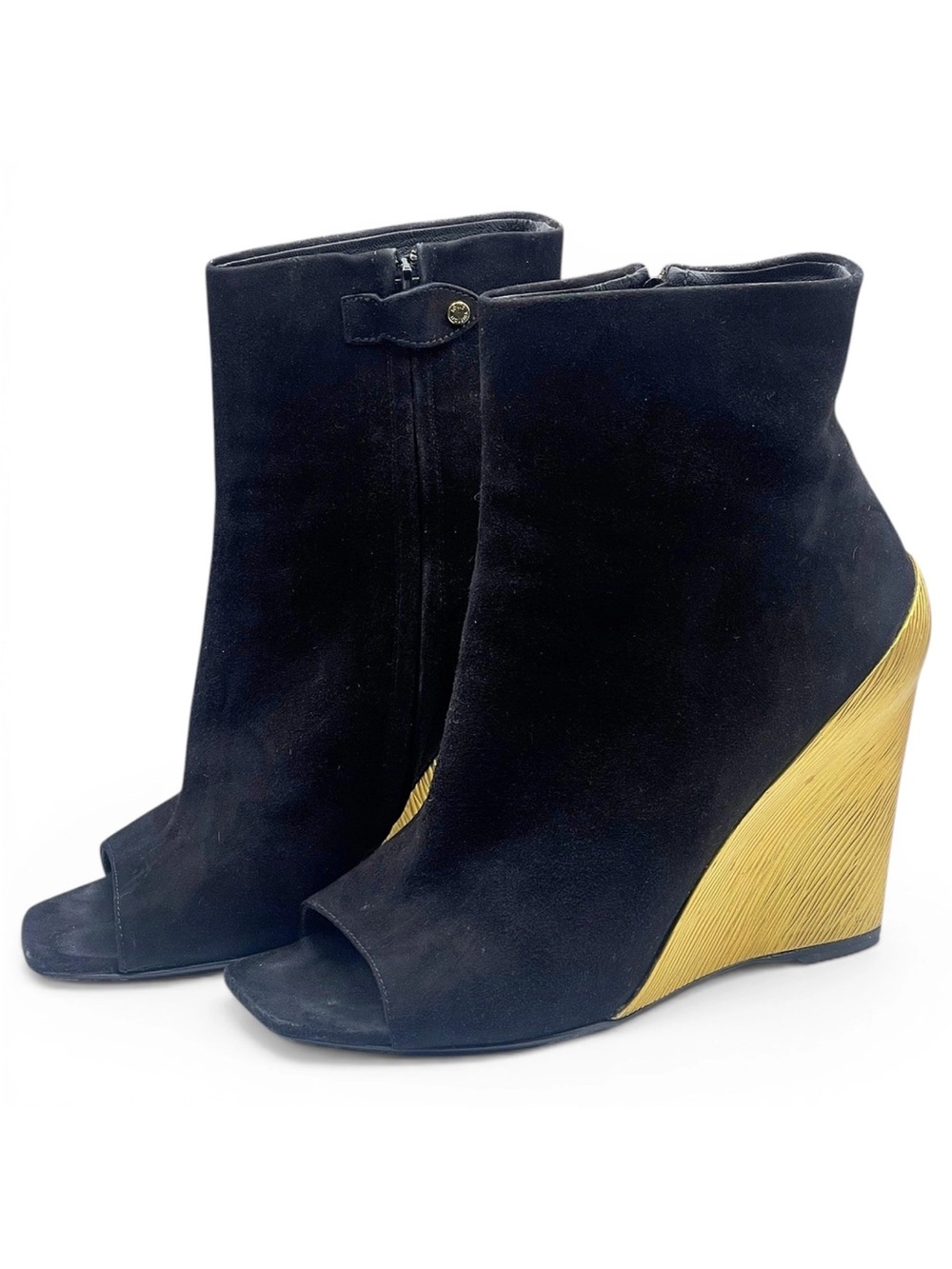 Louis Vuitton Open Toe Booties Suede Zip Up Ankle Gold Wedge Boots Rare LV
